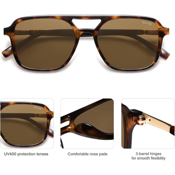Sojos Women Mens Coffee Lens Trendy Rectangle Retro Aviator Shades Sunglasses - Picture 4 of 5